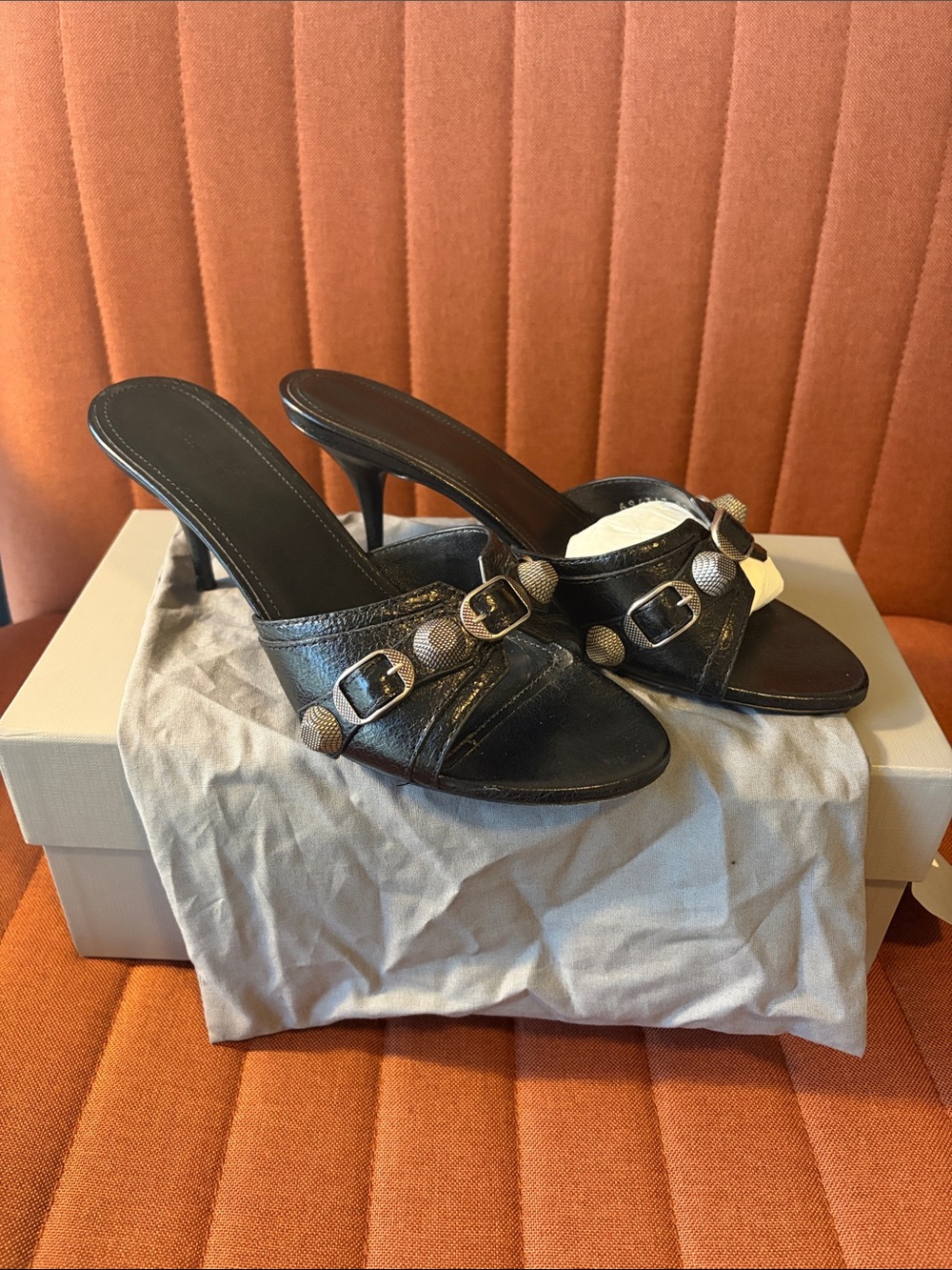 Balengiaca Cagole Sandal Black Leather Mule Heels with Studded Buckle Detail